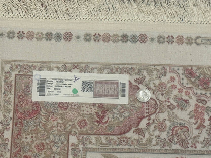 Turkish Silk Runner Rug 2.6 x 8, Hunting Design, Ivory, Bamboo Silk, New