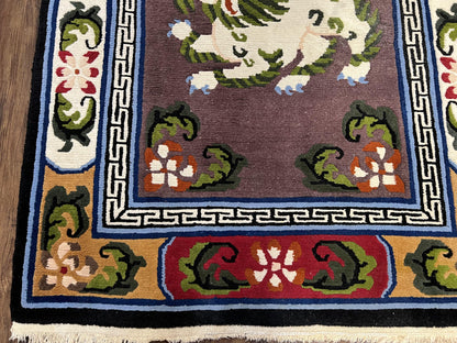 Chinese Art Deco Rug 3x5.5 Hand Knotted Wool With Animal Pictorials Vintage Peking Carpet