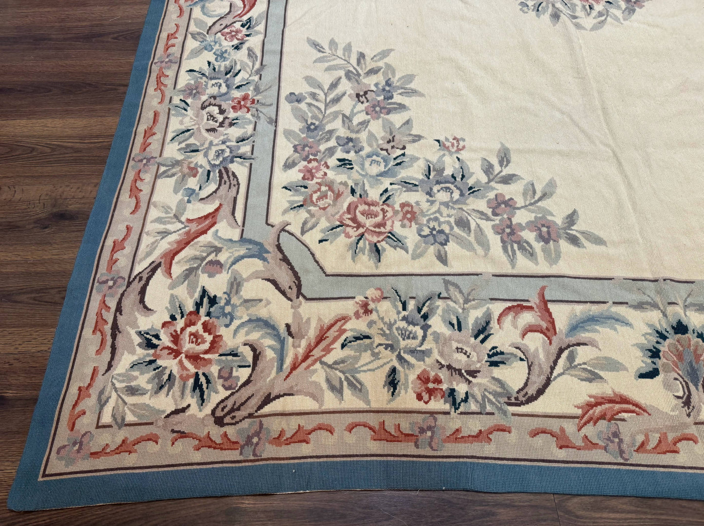 Ivory Needlepoint Rug 8x10, Wool Handmade Carpet