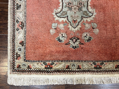 Persian Tabriz Runner Rug 3 x 12, Vintage Hand Knotted Wool Oriental Hallway Carpet, Light Red Beige Tan, Fine Weave, Semi Open Field, Traditional