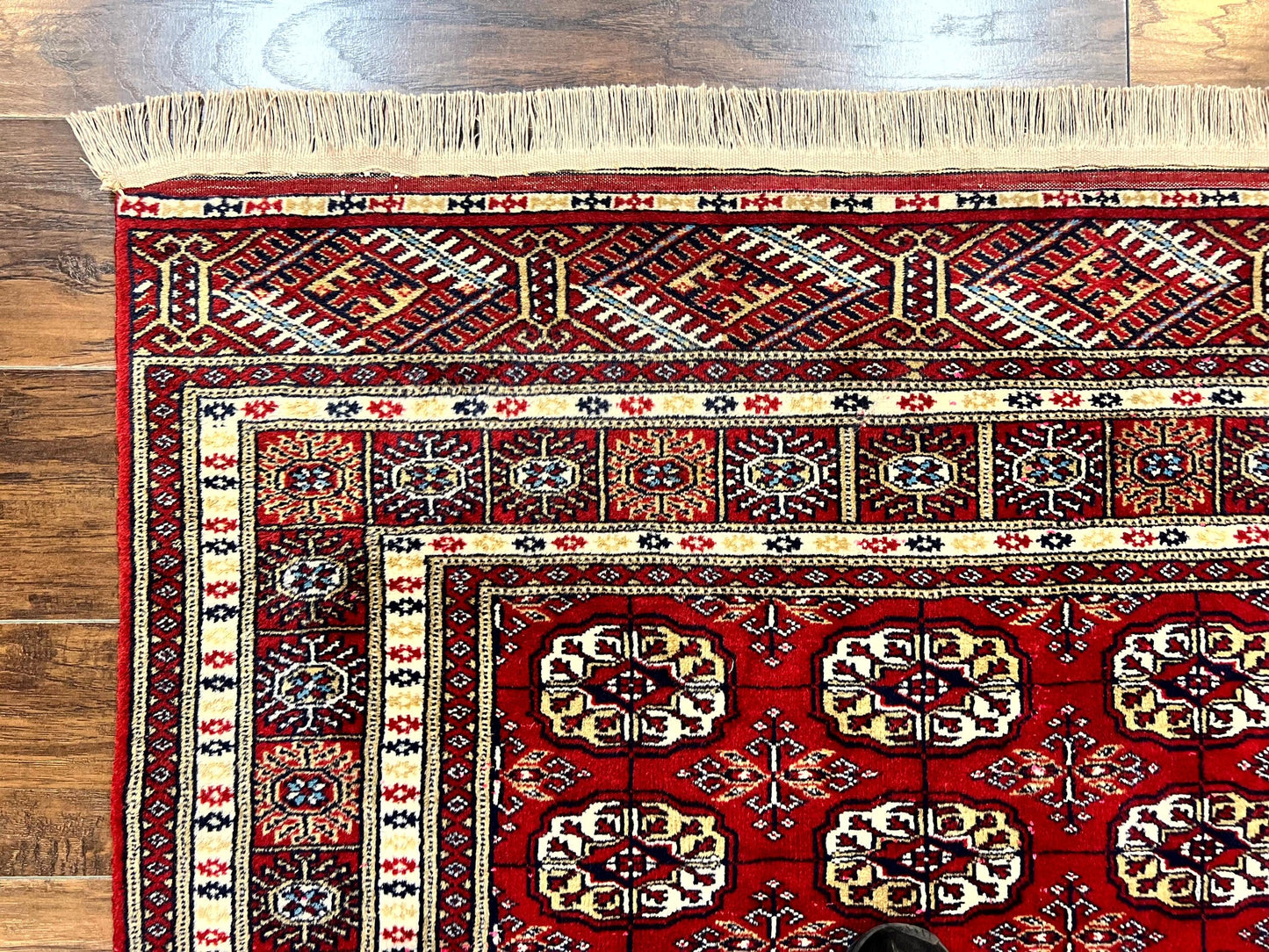 Pakistani Bokhara Rug 4x6, Red Turkoman Carpet, Finely Hand Knotted, Wool Vintage Rug