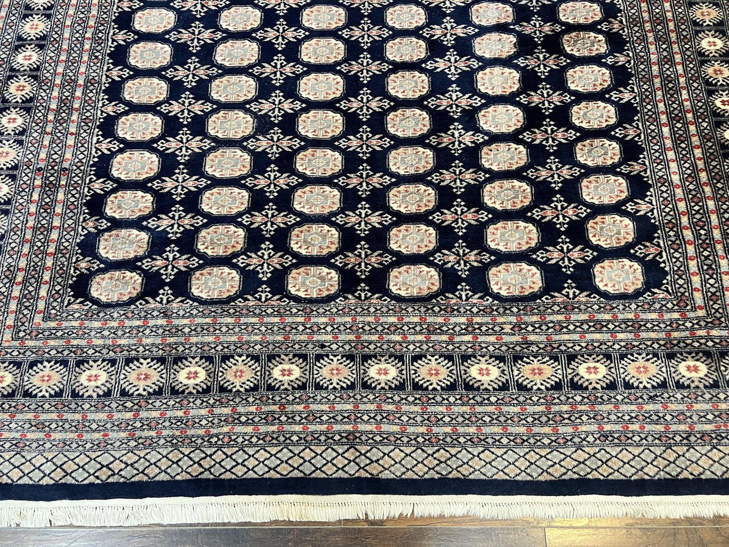 Pakistani Bokhara Rug 8x10 Hand Knotted Wool Vintage Carpet in Dark Blue Beige