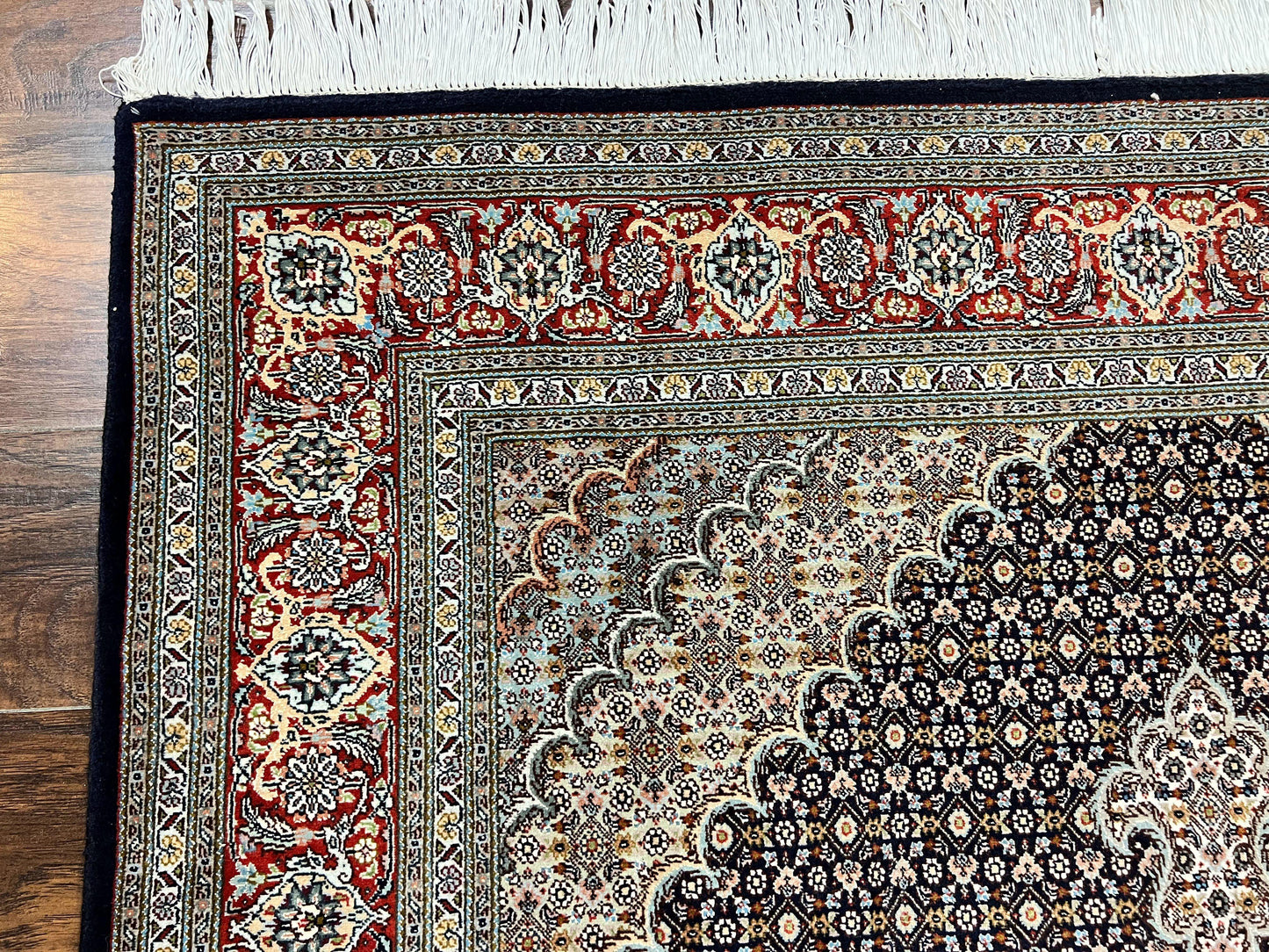 Persian Tabriz Rug 5x7, Wool with Silk Highlights, Hand Knotted Vintage Oriental Carpet, Very Fine, Herati Mahi Pattern, Black, Rare