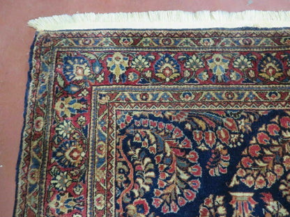 Antique Persian Sarouk Rug 4x6 Hand Knotted Wool Floral Oriental Carpet Navy And Red