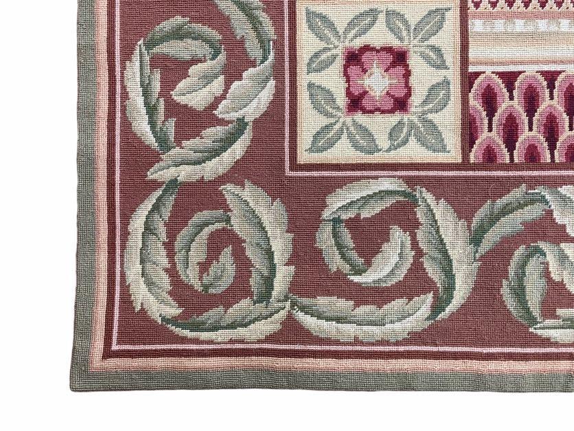 Aubusson Needlepoint Rug Traditional 9x12 Handmade Wool Floral Cream Green Maroon