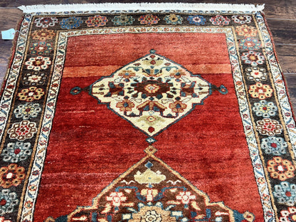 Antique Persian Bidjar Rug 4x8 Hand Knotted Wool Carpet With Triple Medallions 1920s Red