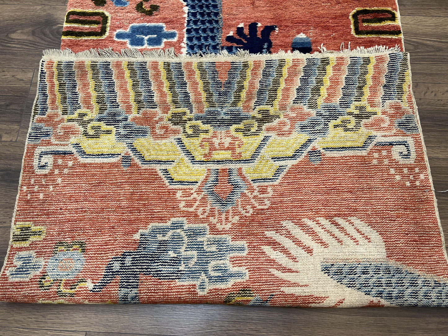 Rare Chinese Ningxia Pillar Rug 3x8, Late Qing Dynasty, 5 Clawed Dragon, Cloud Rainbow Border, Collectible Antique Carpet, Wool Hand Knotted