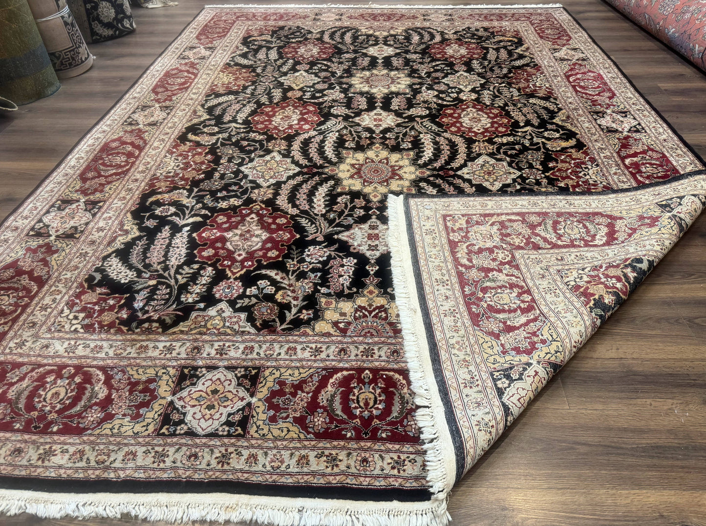 Sino Persian Rug 9x12 Wool Silk Handmade Allover Pattern Black Maroon