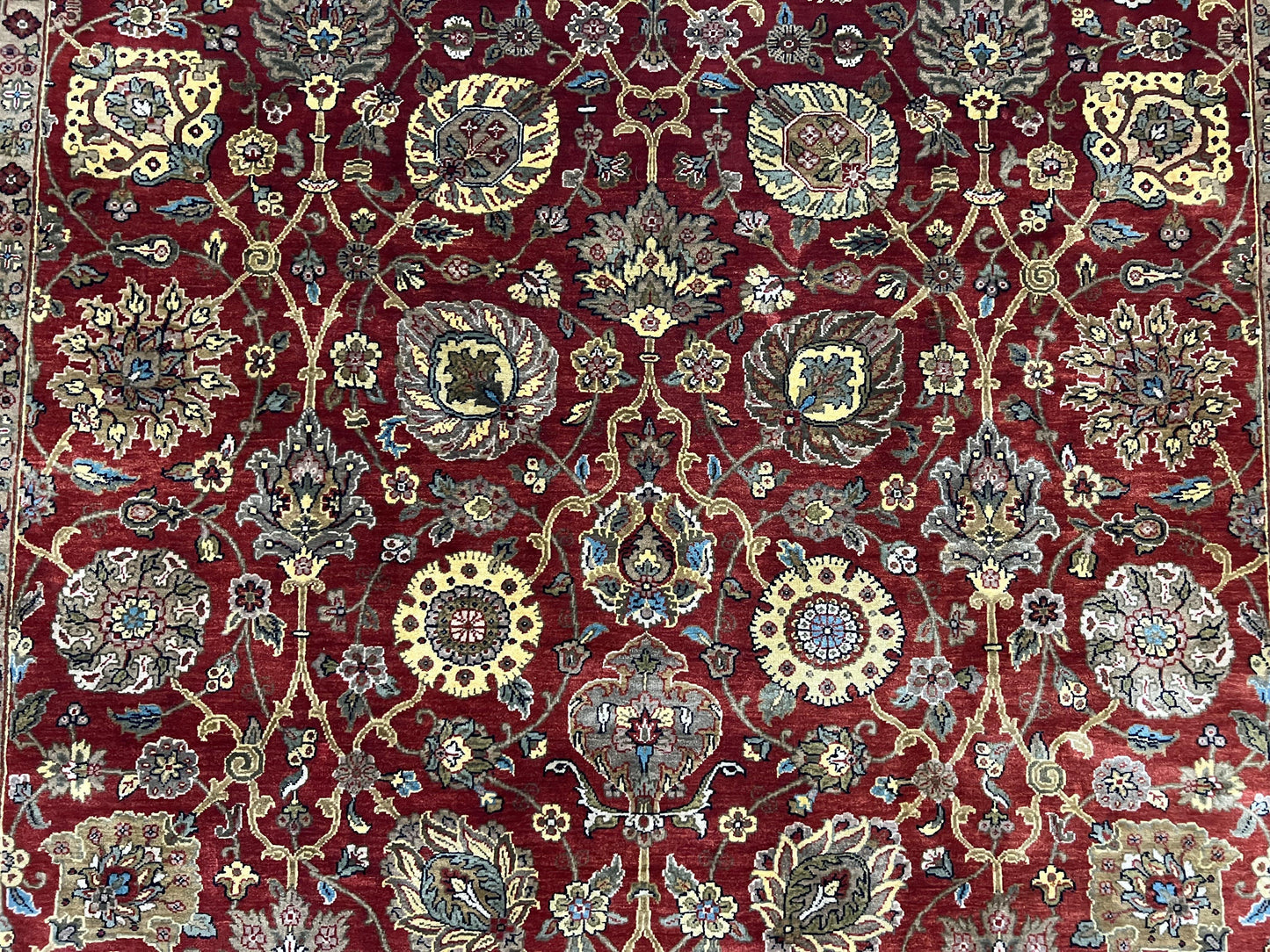Indo Persian Rug 9x12, Hand Knotted Traditional Indian Wool Oriental Carpet 9 x 12 ft, Maroon and Navy Blue, Floral Allover 9x12 Vintage Rug