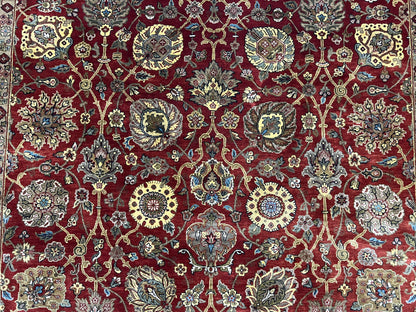 Indo Persian Rug 9x12, Hand Knotted Traditional Indian Wool Oriental Carpet 9 x 12 ft, Maroon and Navy Blue, Floral Allover 9x12 Vintage Rug