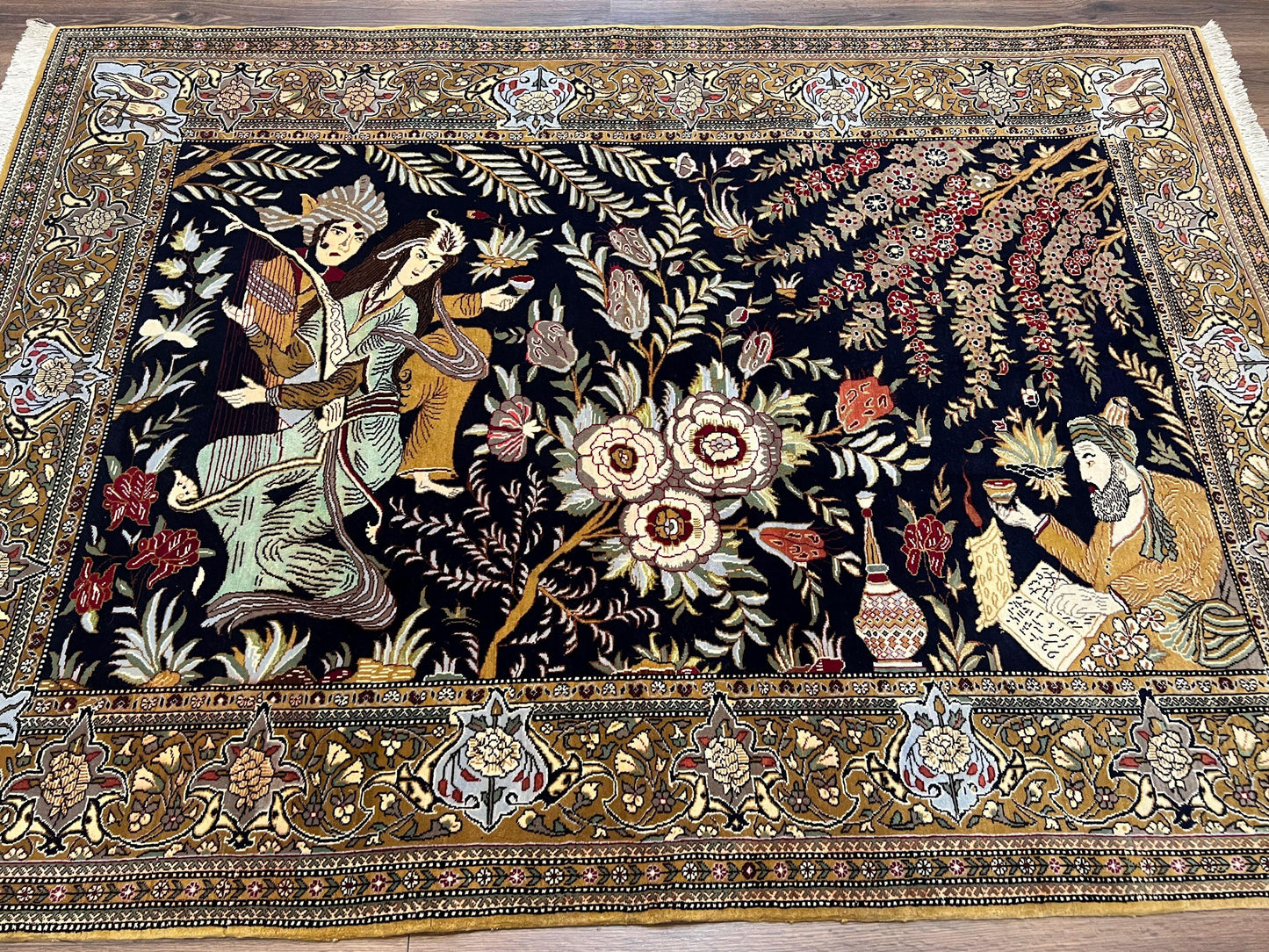 Persian Qum Pictorial Rug With Layla Majnun Birds In Garden Scene 4.8 By 6.5
