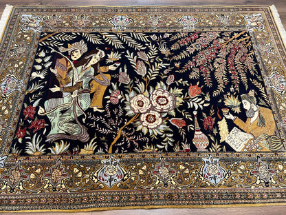 Persian Qum Pictorial Rug With Layla Majnun Birds In Garden Scene 4.8 By 6.5