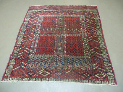 Turkoman Rug 4x5 Ensi Hatchli Tekke Wool Vintage Antique Carpet
