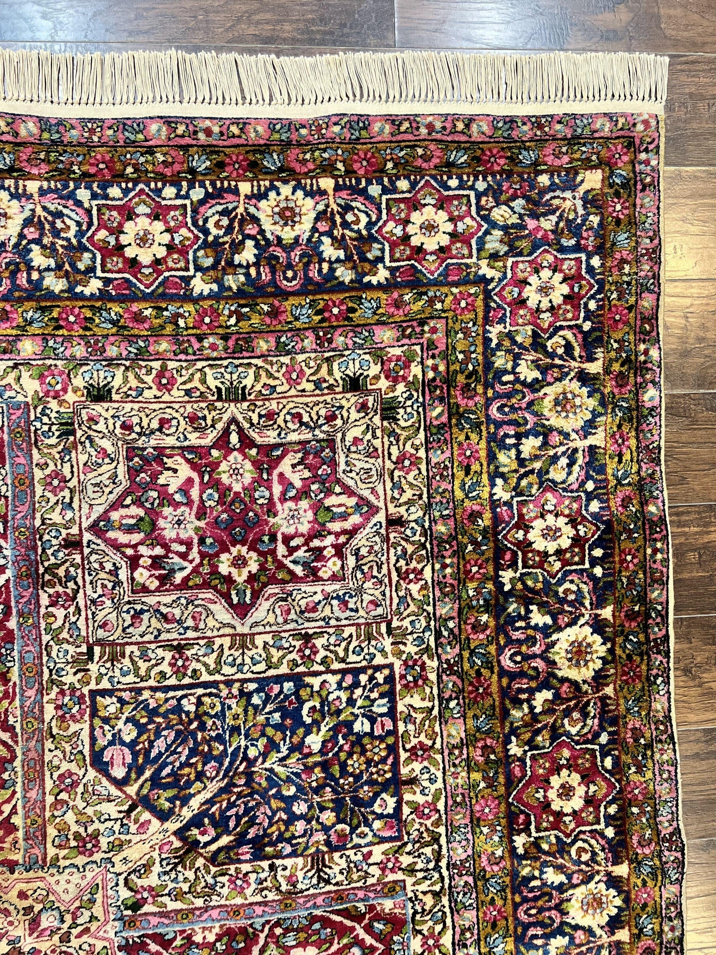 Persian Kirman Lavar Rug 8x9, Antique Persian Carpet, Colorful Multicolor 1920s Handmade Wool Rug, Garden Panel Design, Fine 200 KPSI