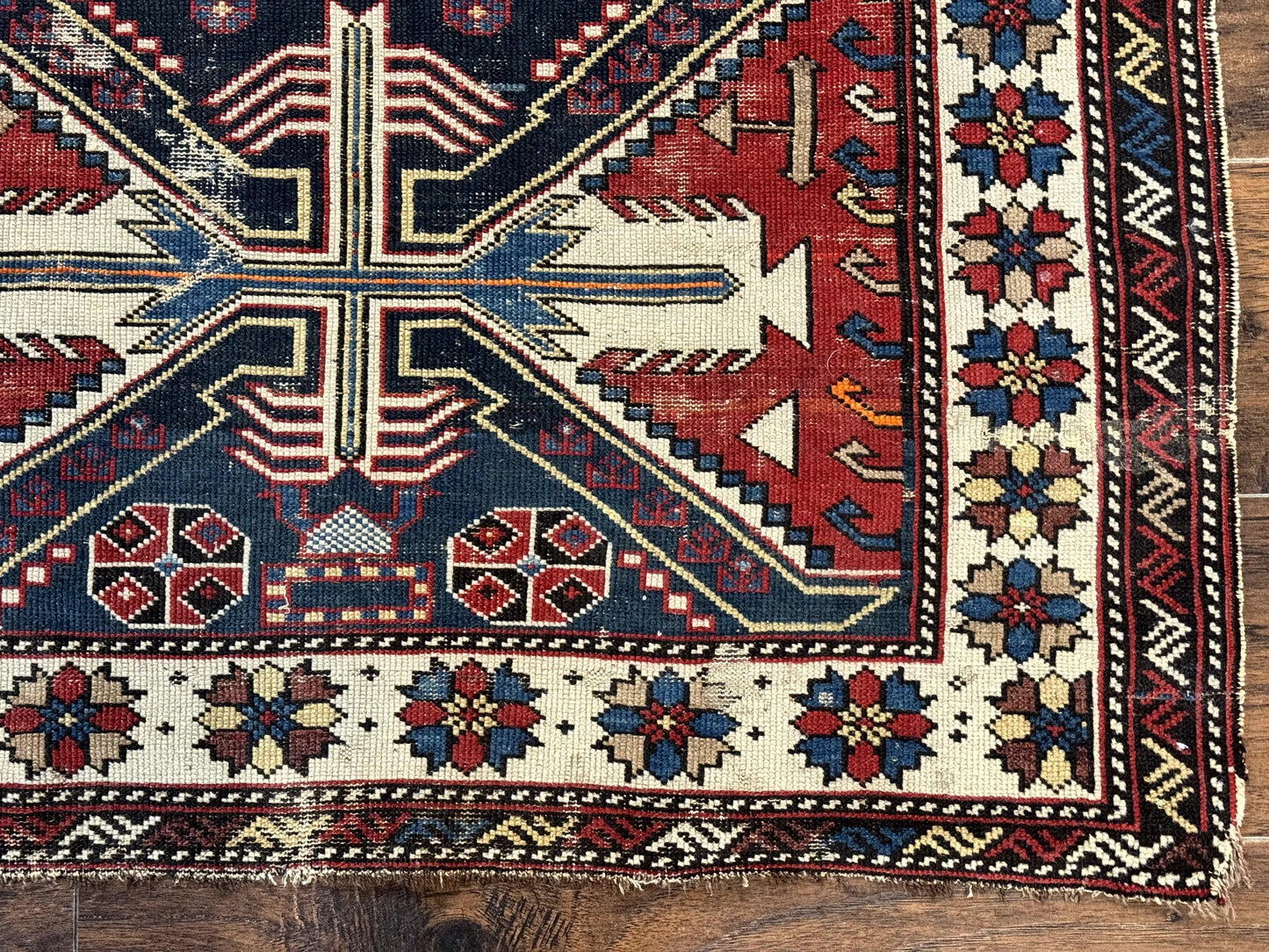 Antique Shirvan Caucasian Rug 3x5 Geometric Wool Hand Knotted Red Navy Beige