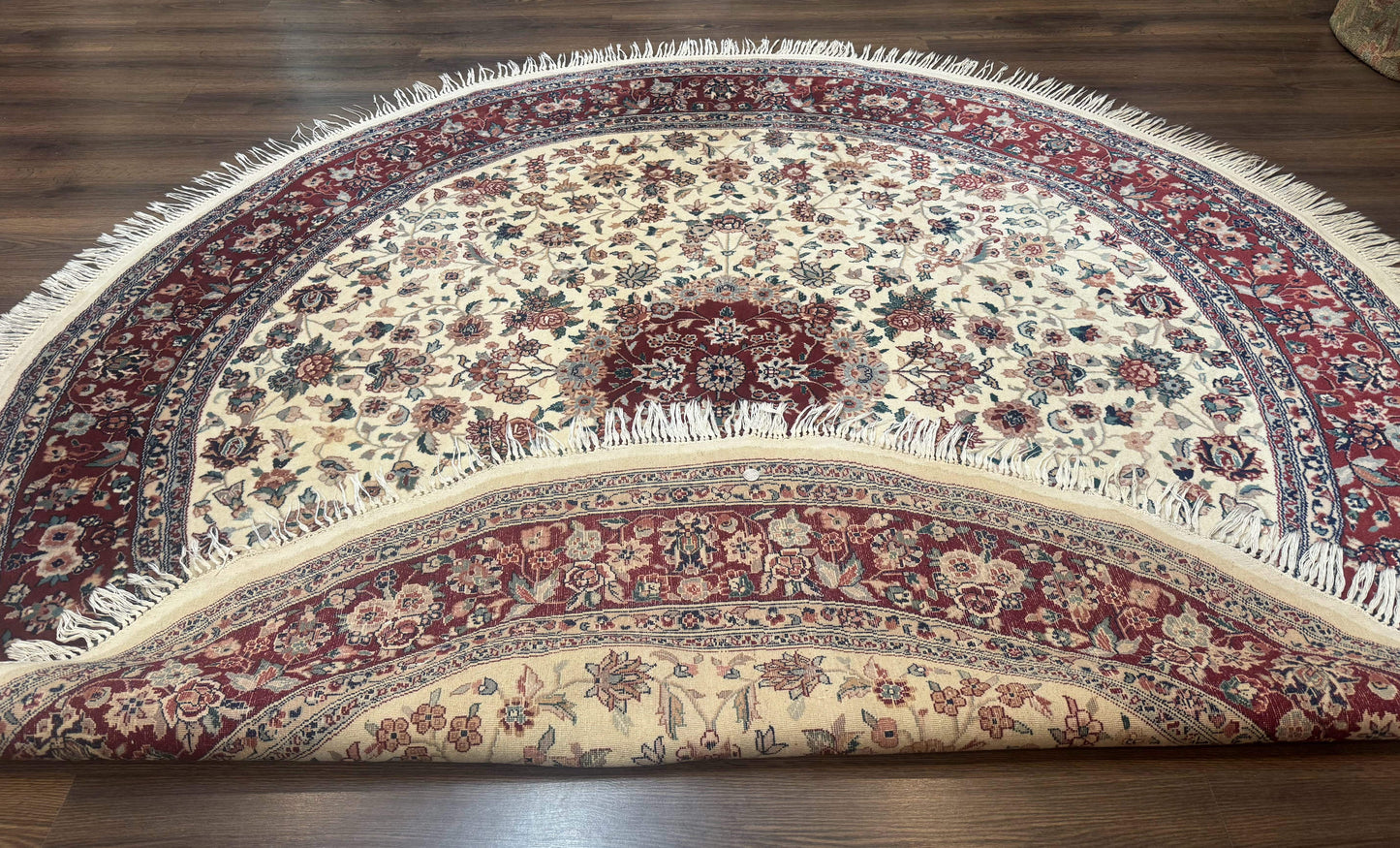 Sino Persian Round Rug 8x8 Wool And Silk Floral Medallion Ivory Red