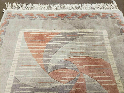 Handmade Chinese Accent Rug 3x5 Silk On Cotton Abstract Contemporary Design Beige And Orange