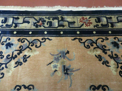Antique Handmade Peking Chinese Wool Rug 1950s Vintage 47 By 71 Inches Blue And Salmon