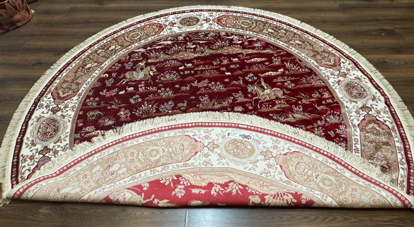 Turkish Silk Rug 8x8 Round Hunting Scene Bamboo Silk Dark Red Ivory