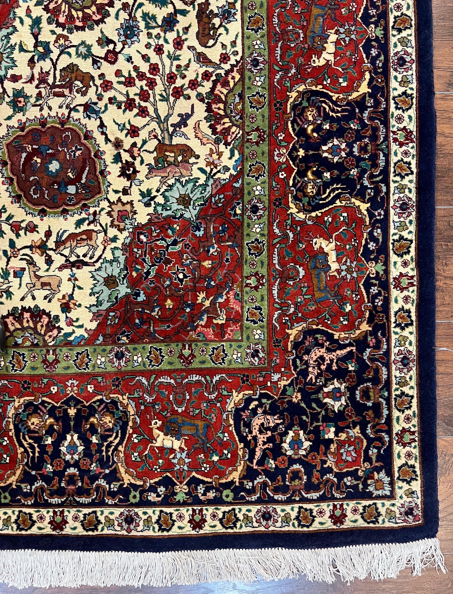 Wonderful Sino Persian Rug 6x10 with Animal Pictorial Motifs, Cream Dark Red Navy Blue, Birds Gazelles, Two Medallions, Top Quality Handmade