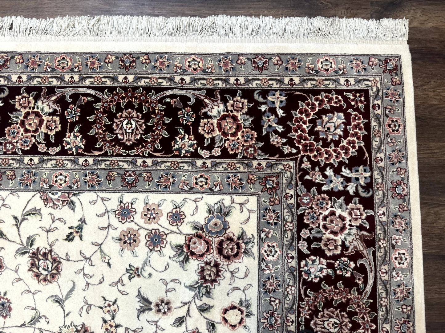 Sino Persian Rug 9x12 Hand Knotted Wool Silk Highlights Floral Allover Ivory And Dark Maroon