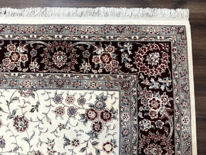Sino Persian Rug 9x12 Hand Knotted Wool Silk Highlights Floral Allover Ivory And Dark Maroon
