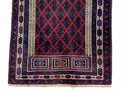 Balouchi Prayer Rug 3x5 Vintage Handmade Tribal Wool Afghan Rug Red Blue
