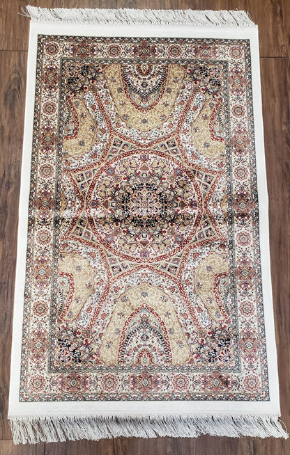 Persian Design Silk Accent Rug, Dome Medallion, Allover Pattern Oriental Carpet, Small Silk Rug, Cream, Ivory, Bamboo Silk, 2' 8" x 4' 1"