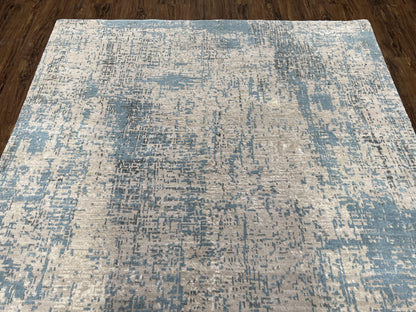 Modern Tibetan Rug 5x8 Ft Light Blue and Gray Wool Handmade Nepal Rug with Raised Pattern
