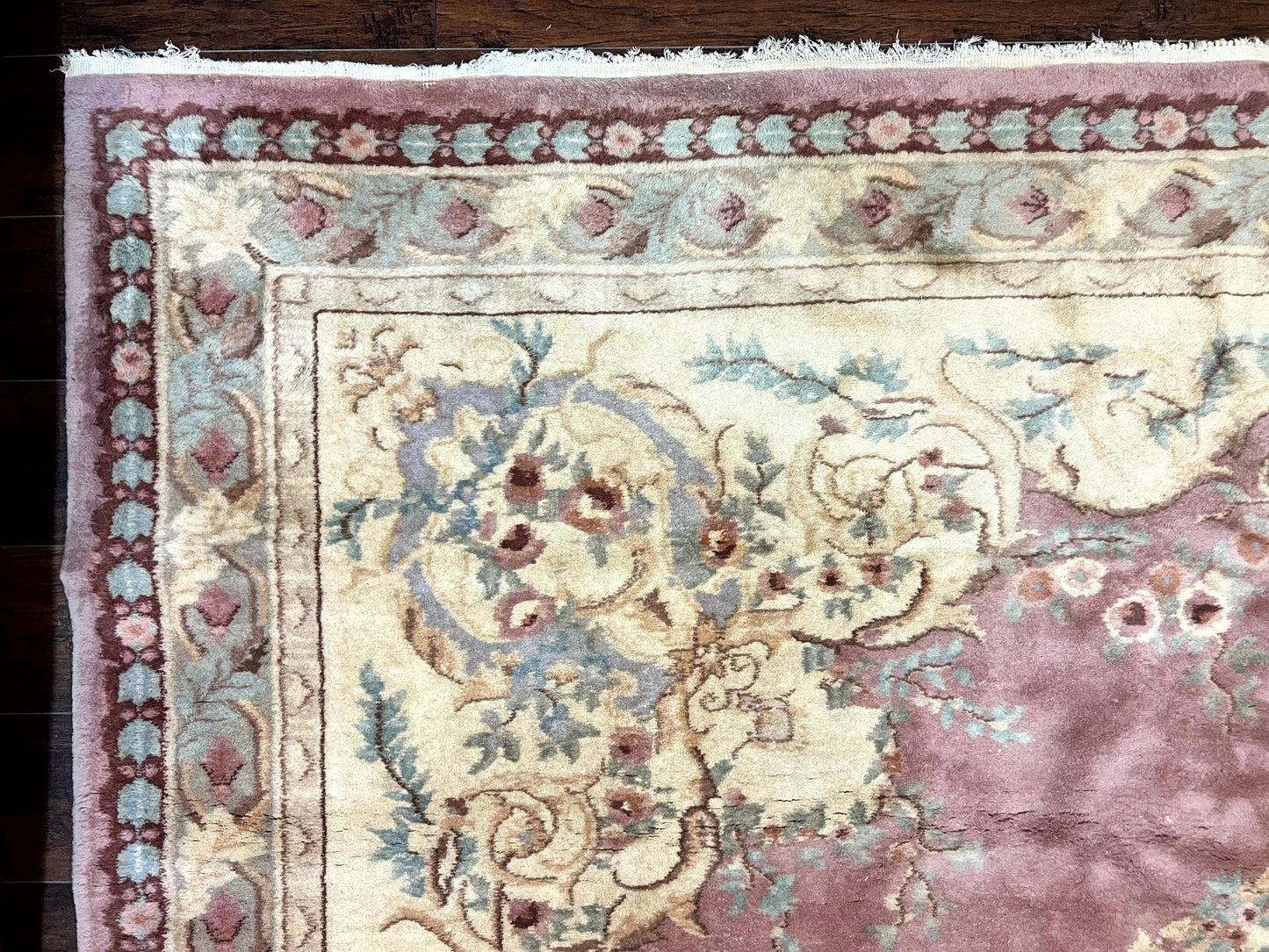 Indo Chinese Aubusson Wool Rug 10x14, Pink and Cream, Handmade Vintage Wool Carpet, Elegant European Design