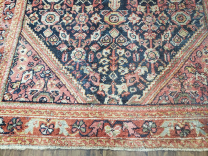Antique Persian Mahal Area Rug 4.4 x 6.6, Wool Hand-Knotted Shabby Chic Oriental Rug, Red Black 1930s Foyer Room Carpet, Low Pile Boho Rug