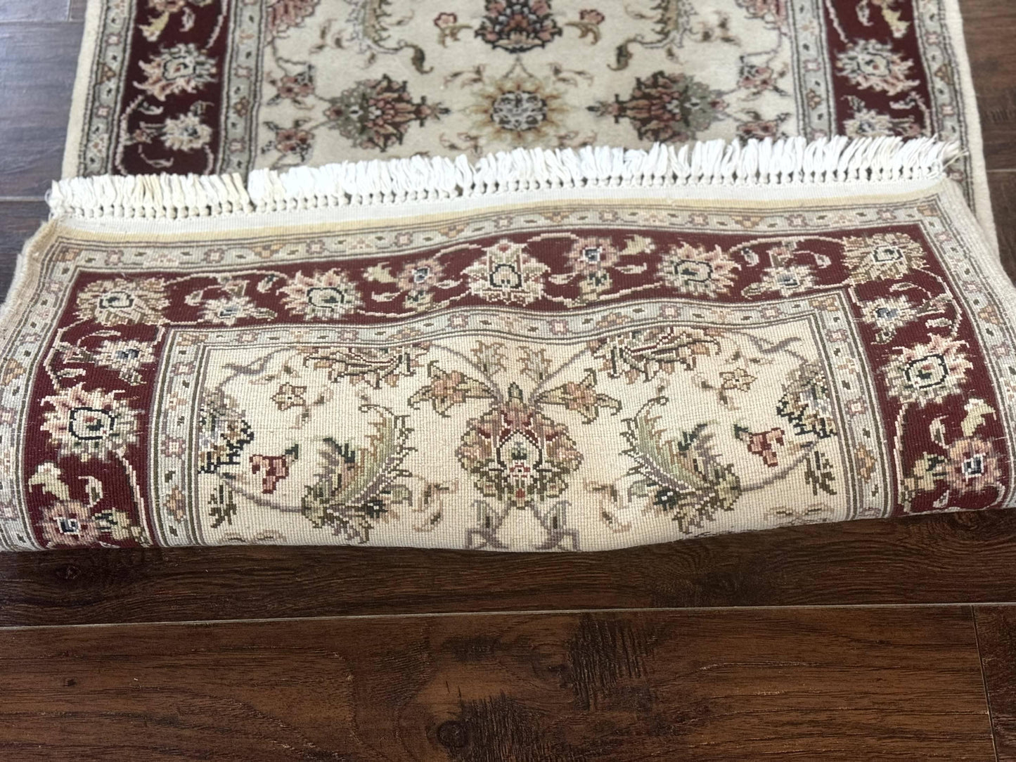 Persian Runner Rug 2.8 x 8 Handmade Vintage Wool and Silk Highlights Beige Maroon