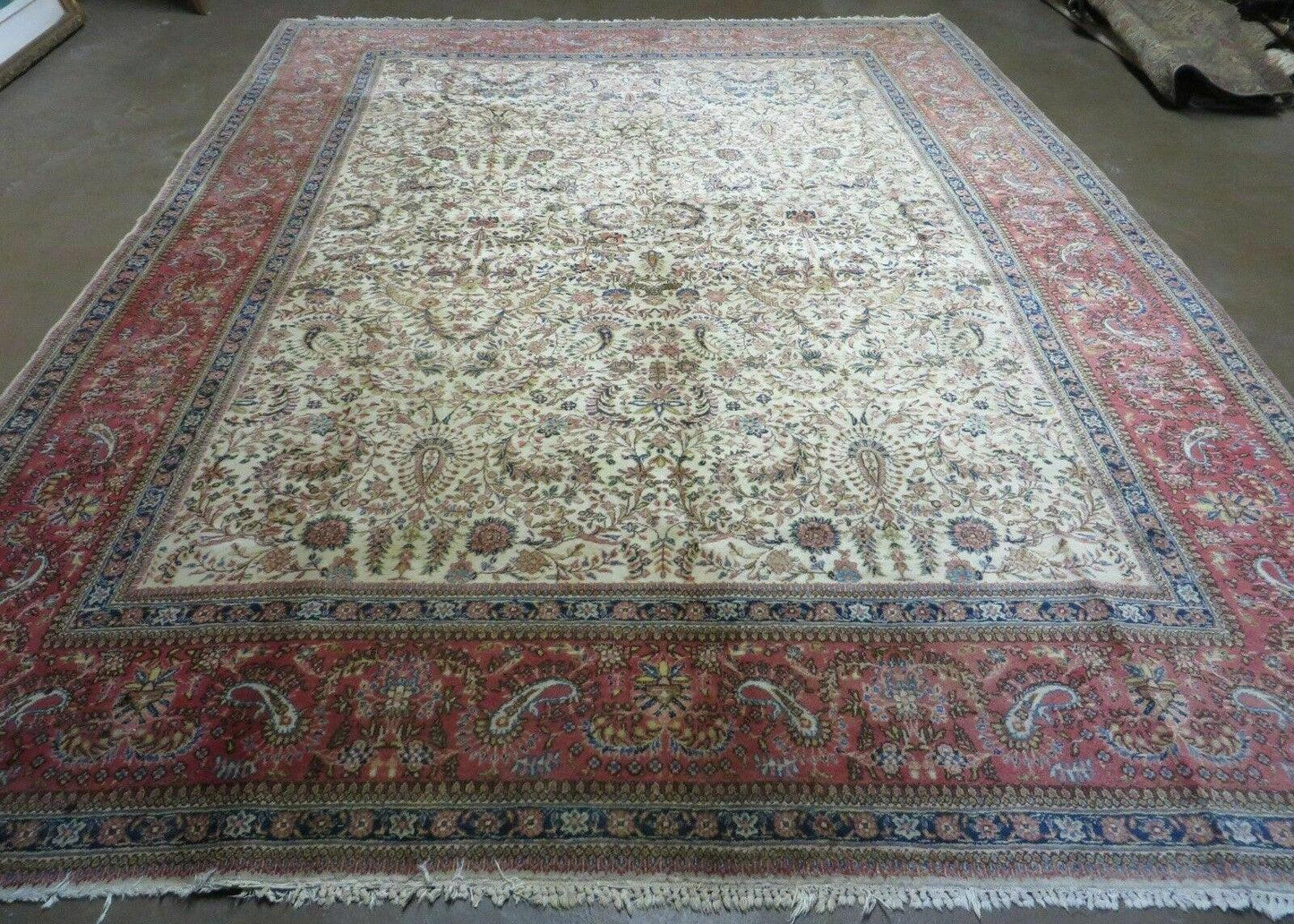 Persian Tabriz Rug 8x10, Antique Authentic Wool Oriental Carpet 8 x 10 ft, Bird Motifs Floral Boteh Paisleys, Cream Red Blue Vintage Handmade Rug