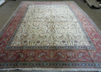 Persian Tabriz Rug 8x10, Antique Authentic Wool Oriental Carpet 8 x 10 ft, Bird Motifs Floral Boteh Paisleys, Cream Red Blue Vintage Handmade Rug