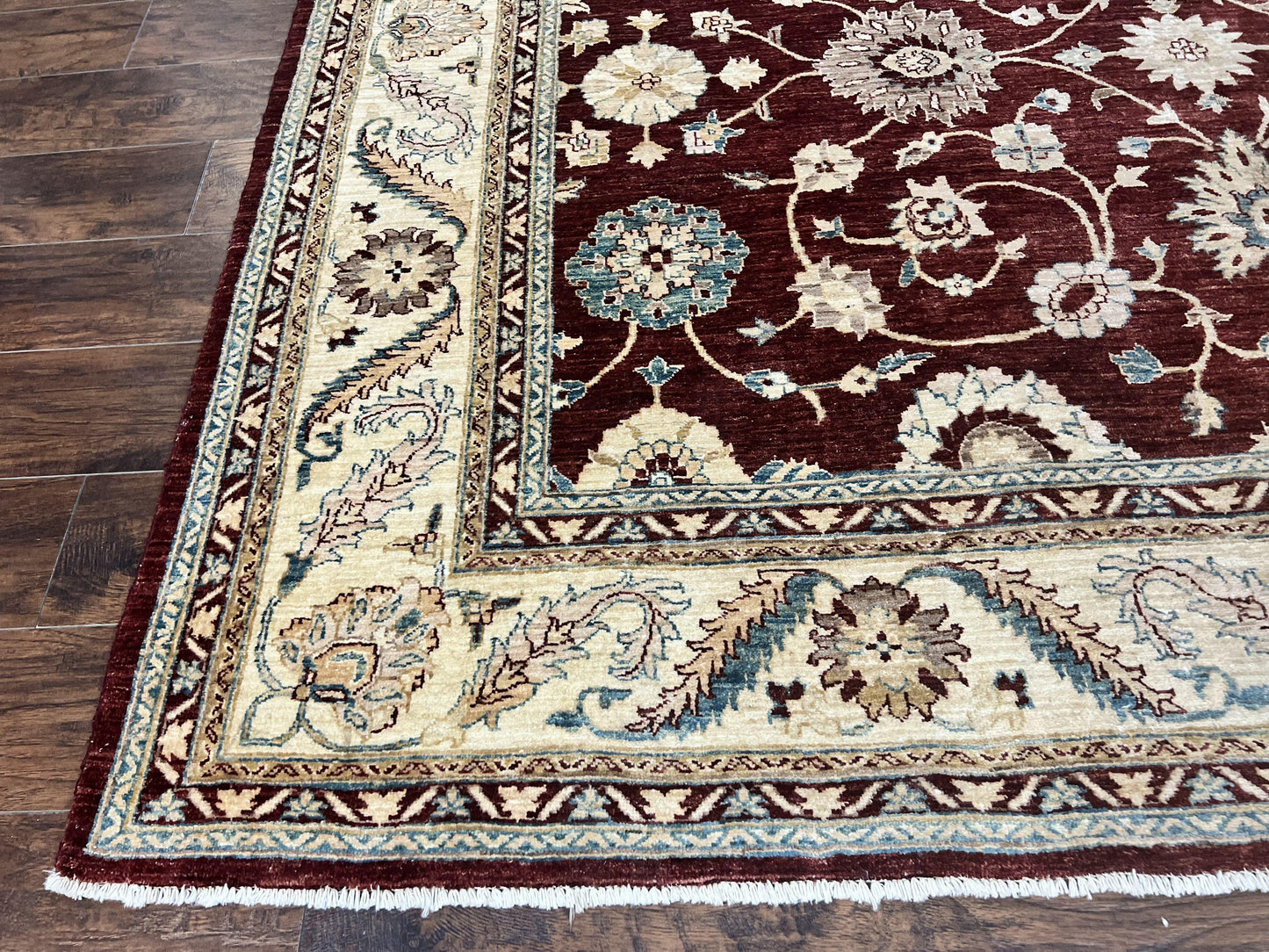 Peshawar Rug 9x11, Pakistani Oriental Carpet, Maroon and Beige, Floral Allover, Wool Hand Knotted Handmade Vintage Rug