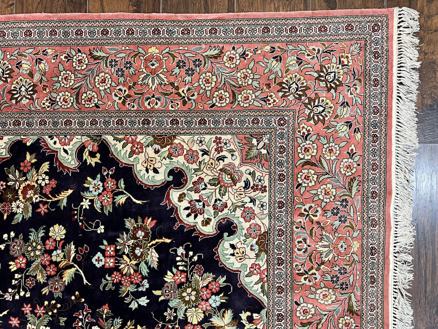 Silk Persian Qum Rug 7x9 Hand Knotted Navy Blue Salmon Floral Medallion Authentic Oriental Carpet