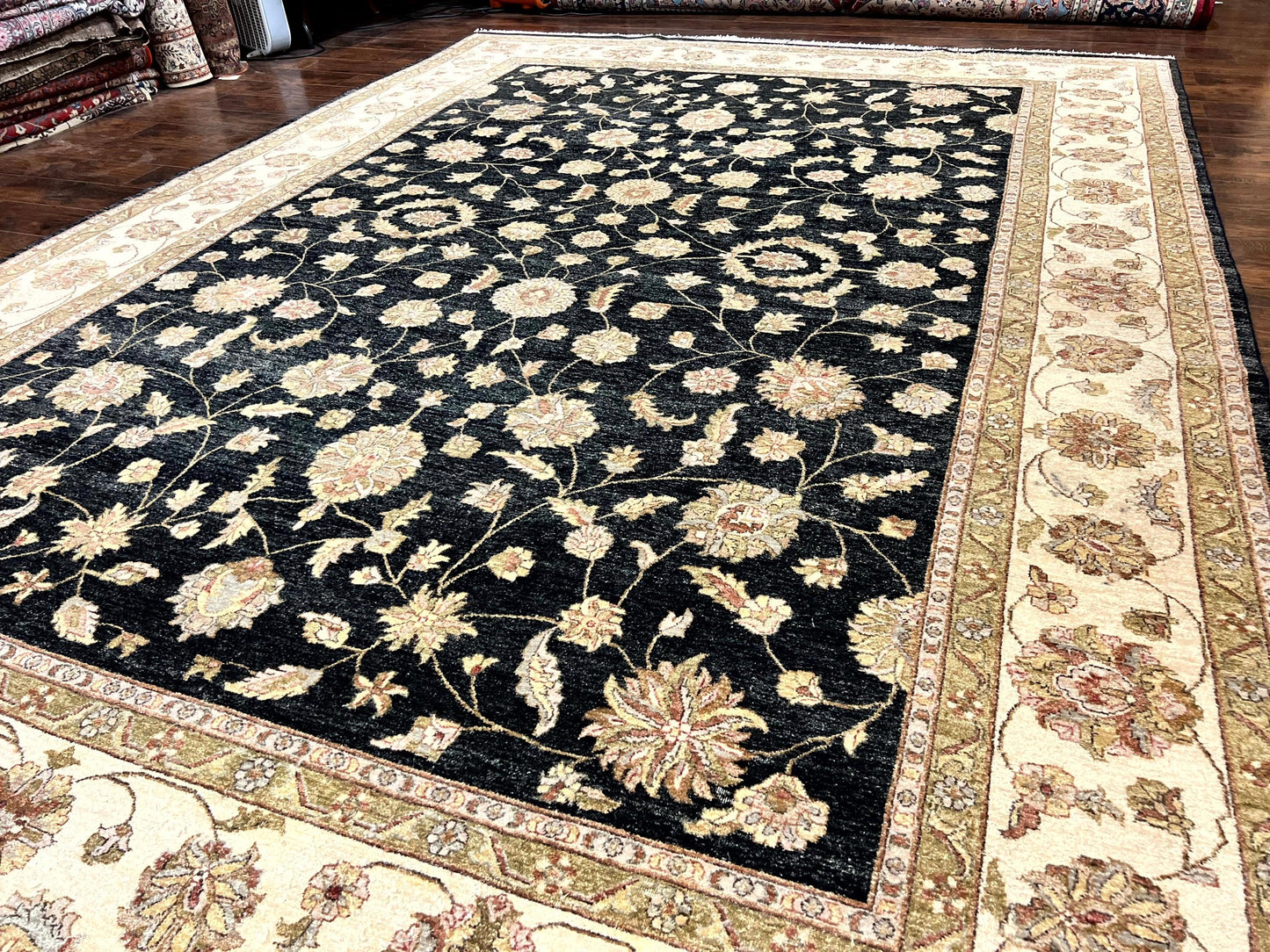 Indo Persian Rug 10x14, Charcoal and Beige, Floral Allover, Handmade Vintage Wool Carpet