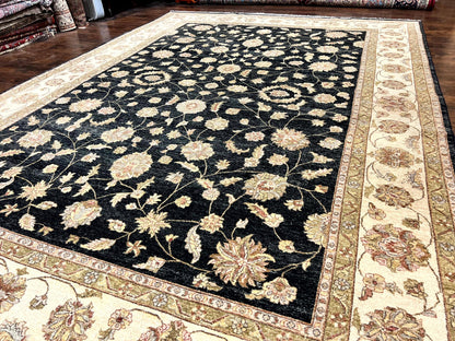 Indo Persian Rug 10x14, Charcoal and Beige, Floral Allover, Handmade Vintage Wool Carpet