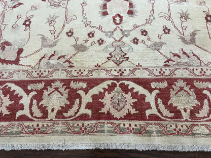 Peshawar Rug 8x12 Pakistani Carpet, Oriental Rug 8 x 12 Chobi Rug, Beige and Red, Allover Large Floral Design, Hand Knotted Vintage Wool