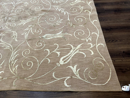 Tibetan Rug Hand Knotted Wool Silk 9x12 Beige Modern Handmade Carpet