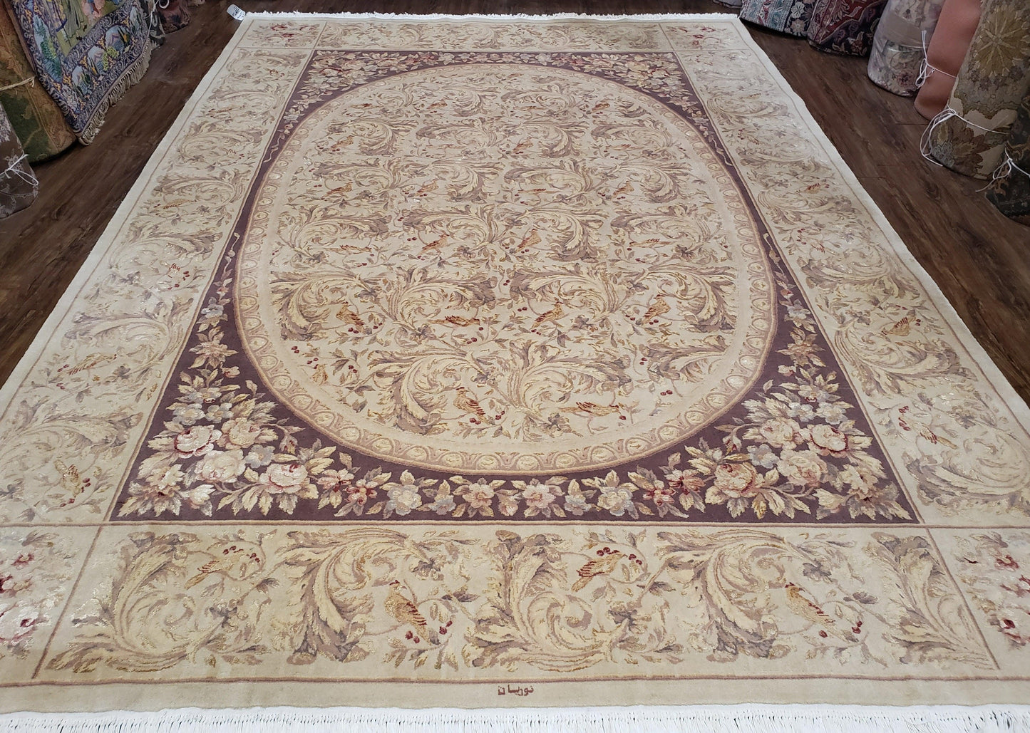Chinese Aubusson Savonnerie Wool Silk Hand Knotted Rug 8x12 Birds Flowers Master Weaver Signature