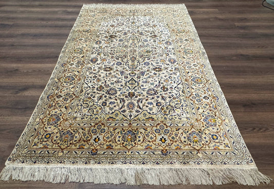 Antique Silk Persian Kashan Rug 4 Ft 6 In By 7 Ft 2 In Ivory Field With Floral Motifs