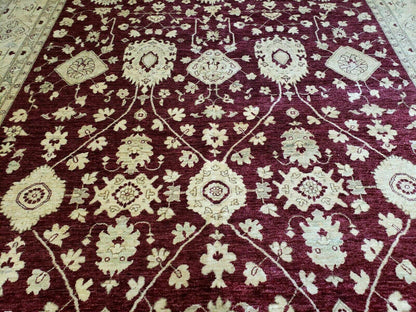 Pakistani Peshawar Rug 10x14, Handmade Chobi Carpet, Maroon & Beige