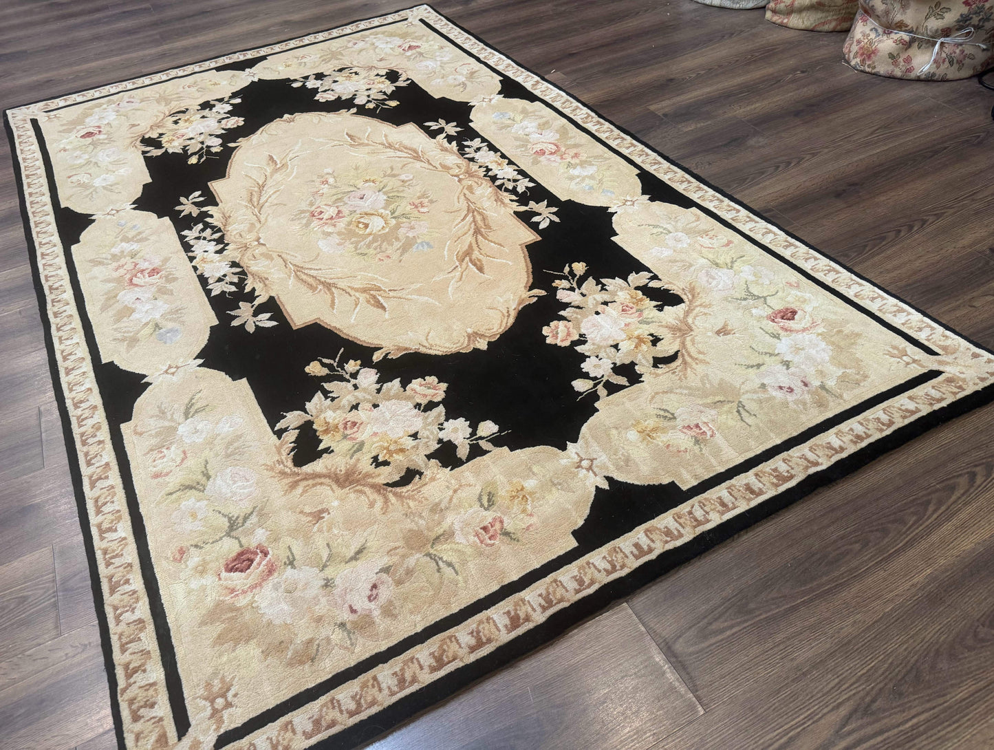 Aubusson Rug Chinese Wool 6x9 Black Floral Elegant Hand Knotted
