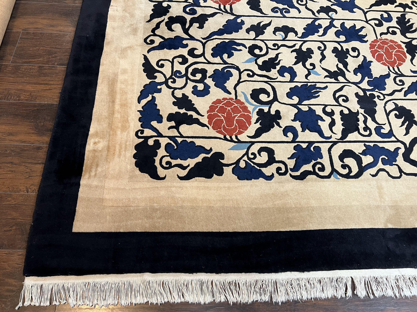 Antique Chinese Peking Rug 10x14, Beige Black, Handmade Wool Art Deco Carpet