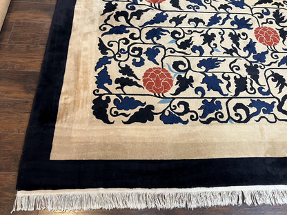 Antique Chinese Peking Rug 10x14, Beige Black, Handmade Wool Art Deco Carpet