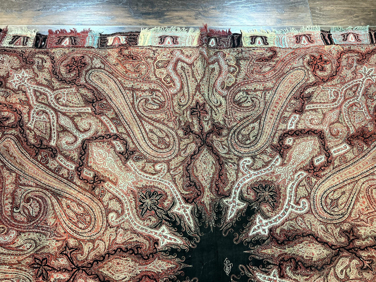 Antique Kashmiri Shawl Handwoven Wool Needlework Signed By Masterweaver Rare