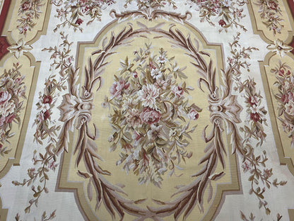 Aubusson Rug 9x12 Handmade Wool Flatweave Savonnerie Carpet Ivory and Red