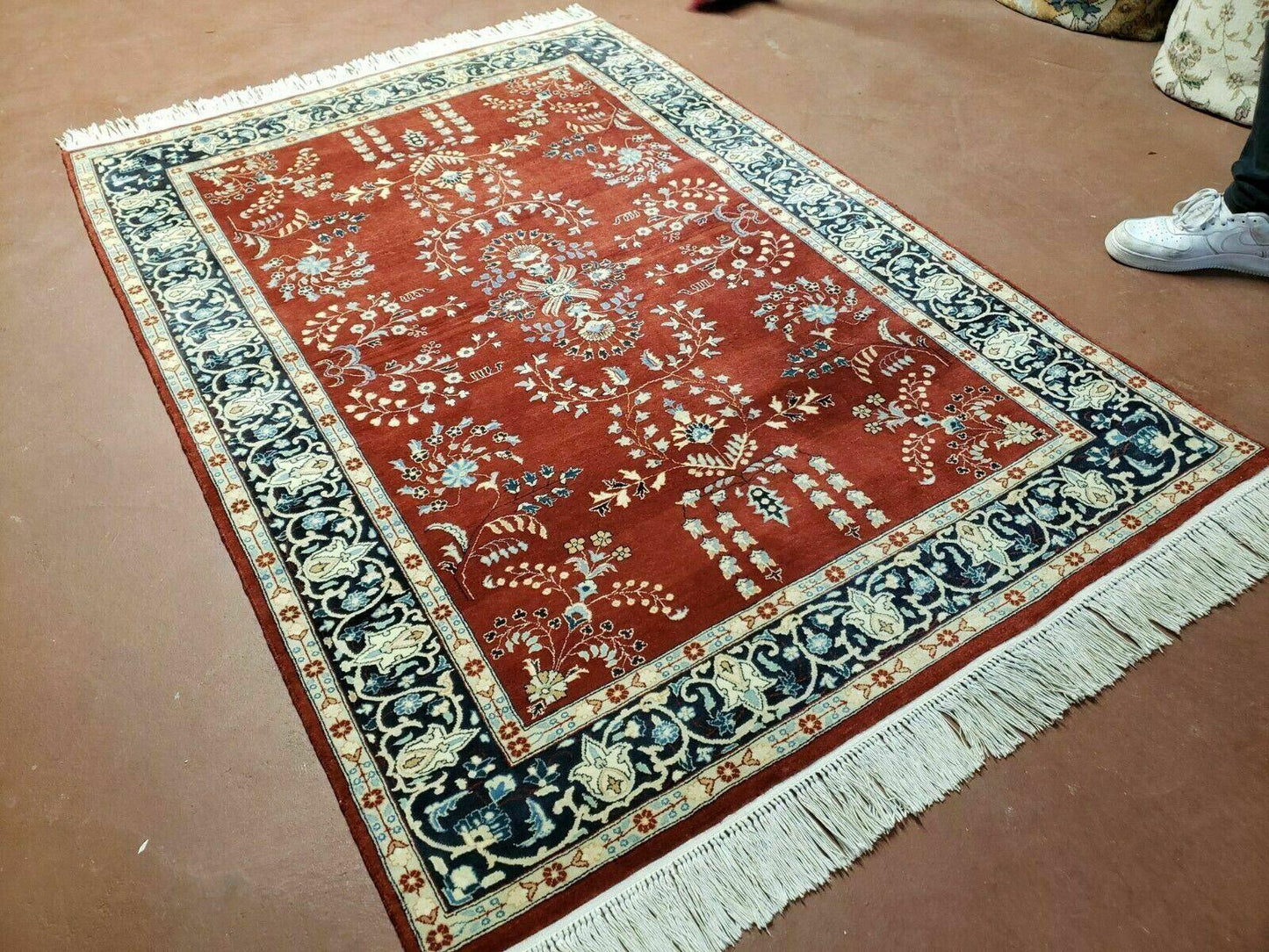 Pakistani Rug Hand Knotted Vintage 4x6 Red Highly Detailed Wool