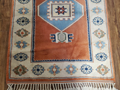 Turkish Area Rug Handmade Vintage Wool Kazak Carpet Three By Five Feet Red Beige